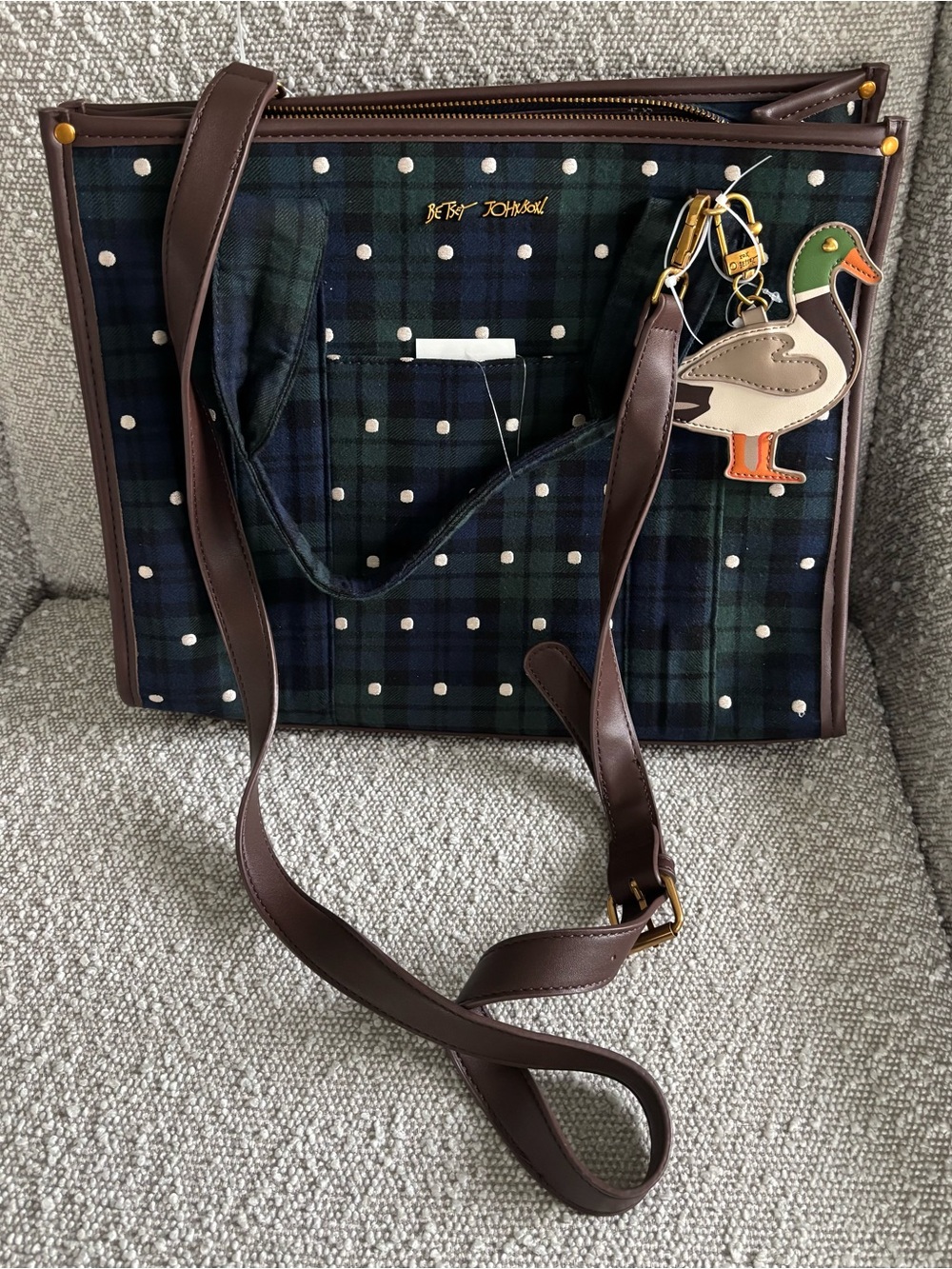 Betsey Johnson Navy Green Plaid Polka Dot Tote with Brown Trim and Duck Charm